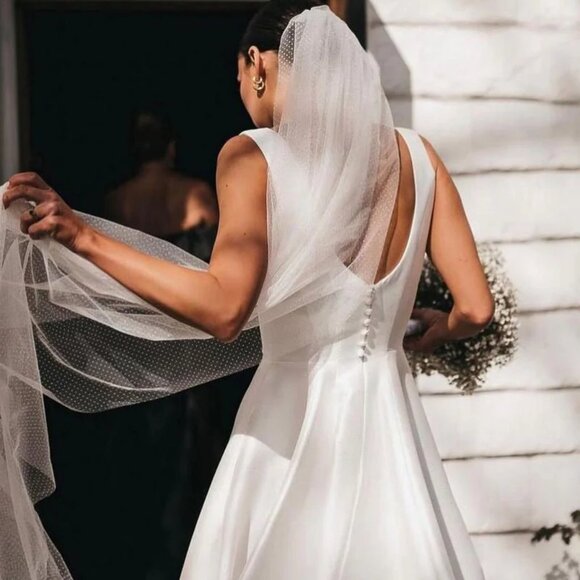 Simple A-Line Square Neck White Satin Wedding Dresse - Picture 2 of 5